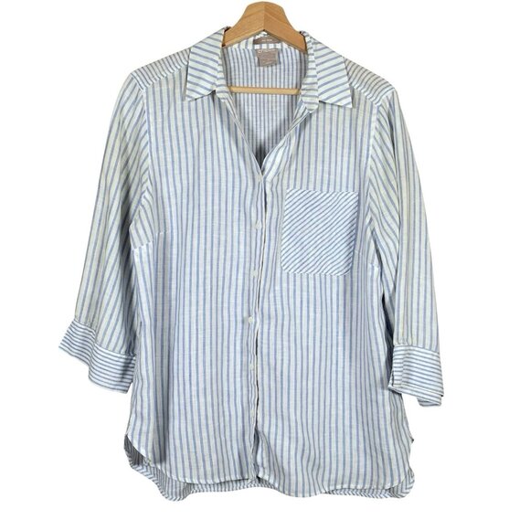 Chicos No Iron 100% Linen Shirt 2 Button Up Blue Striped Beachy Coastal Preppy - Picture 1 of 15